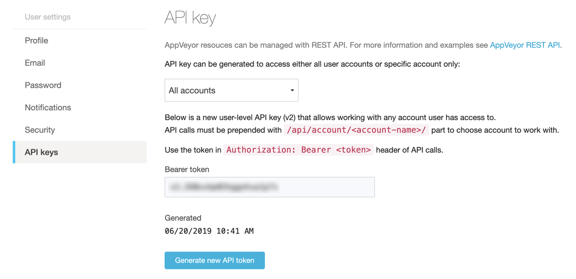 AppVeyor v2 API Key