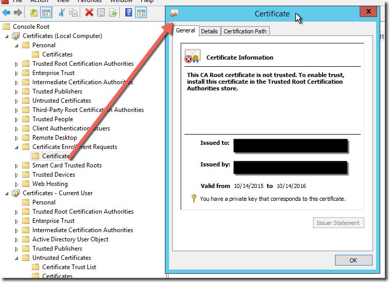Certificate service request in the Windows MMC snapin