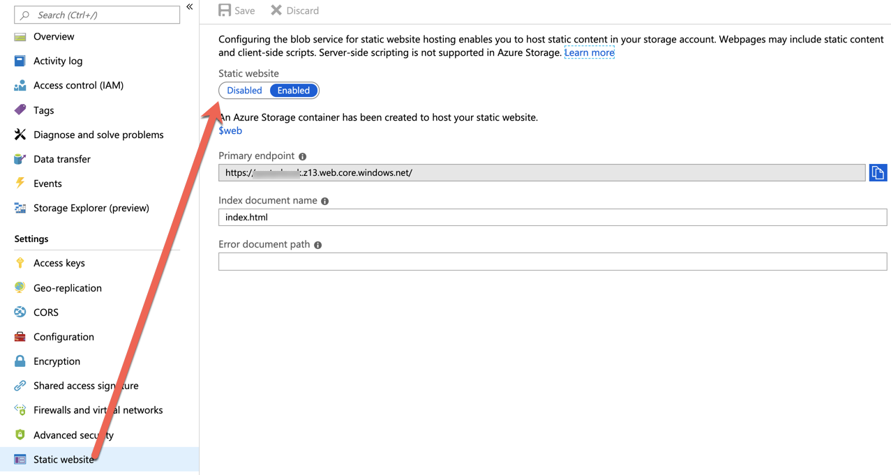Enabling Azure Static Website