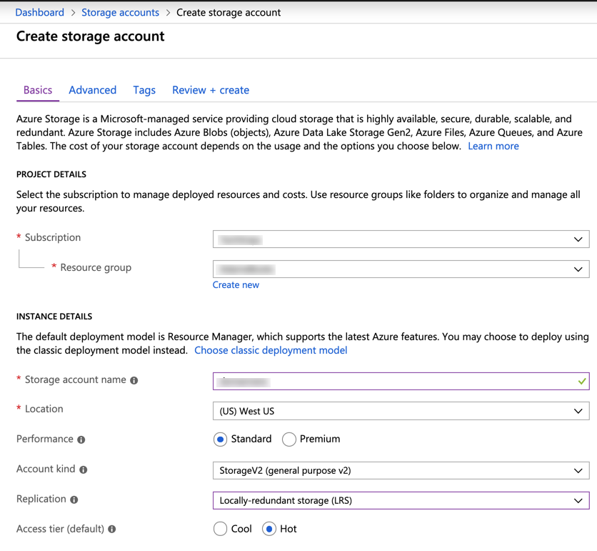 Azure Storage Account Settings