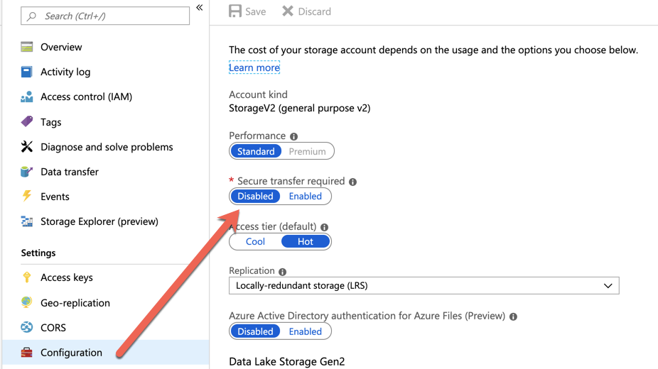 Enable HTTP access to Azure Storage Account