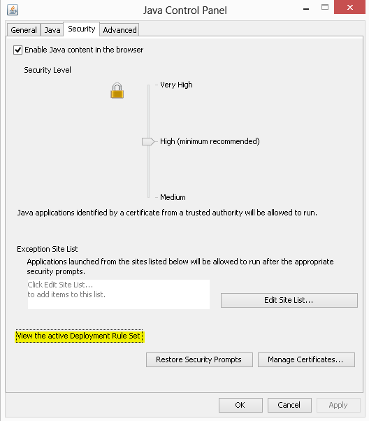 Viewing a Java Active Deployment Rule set