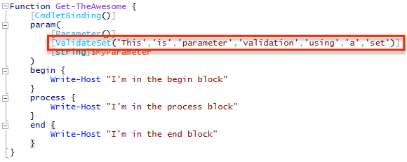 The PowerShell ValidateSet parameter validation attribute