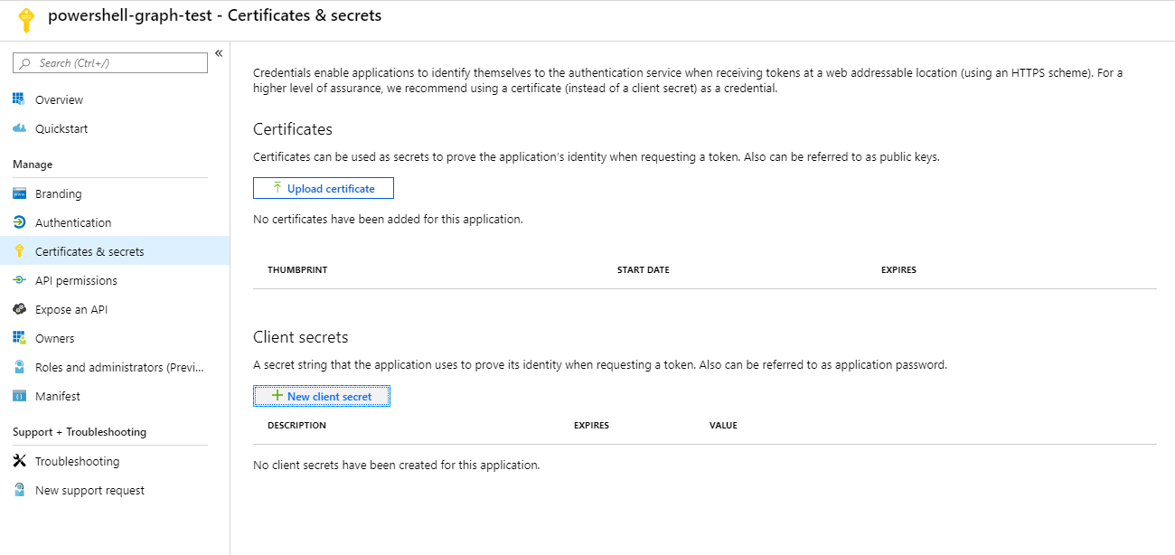 Creating an application client secret in Azure