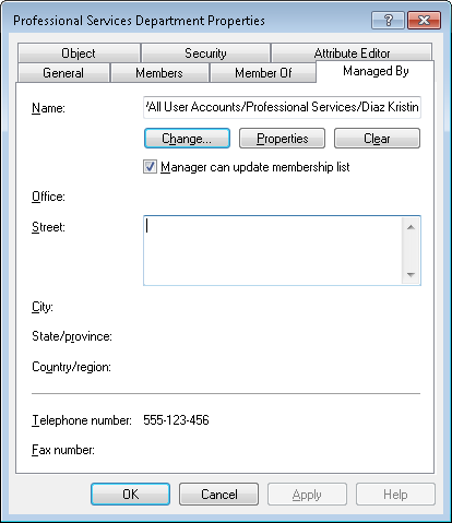 Active Directory Users and Computers - Managed by tab