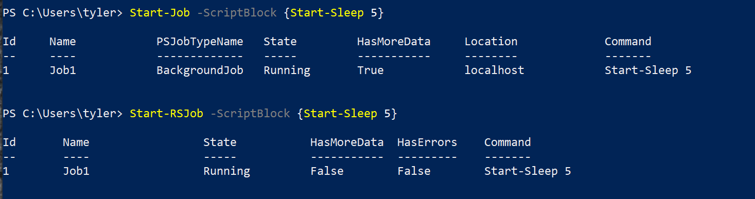 run the same command in a PSJob and then again in an RSJob