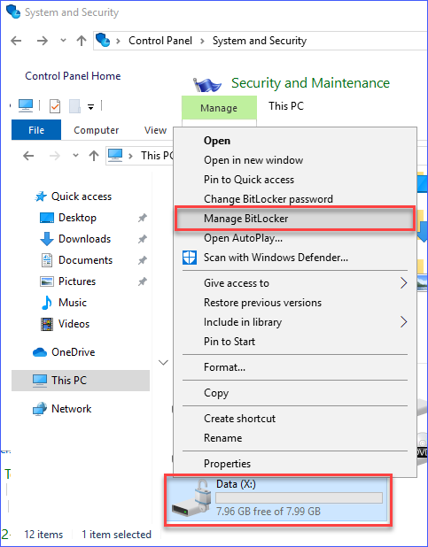 Access BitLocker from the drive's context menu