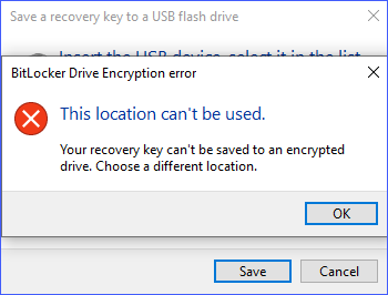 Error when saving the BitLocker recovery key to an encrypted drive