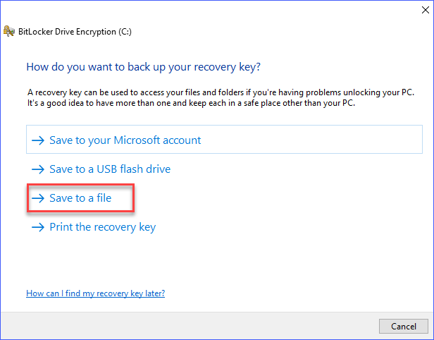 Save BitLocker recovery key to file