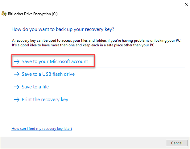 Save the BitLocker recovery key to Microsoft Account