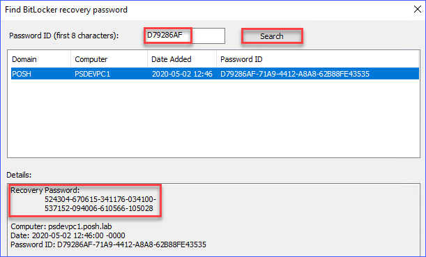 Searching for the BitLocker recovery key in Active Directory