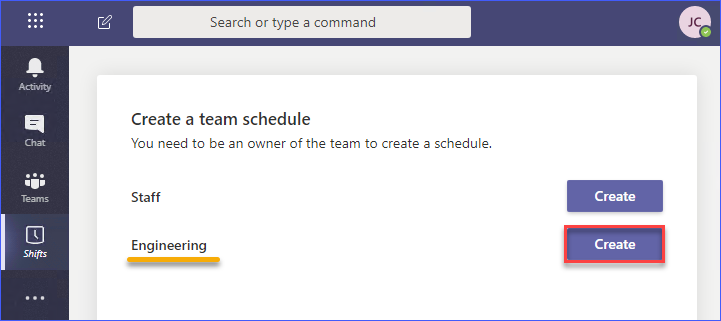 Select the team to create a schedule