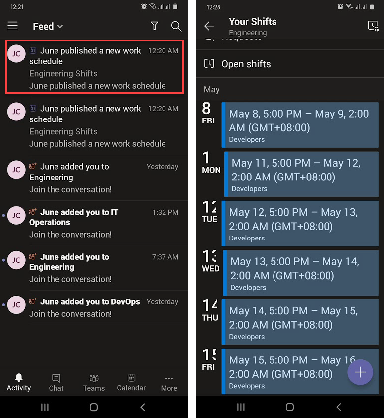 New published schedule notification in the Teams mobile app