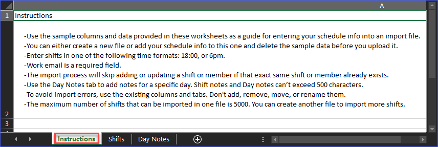Usage instructions in the schedule template