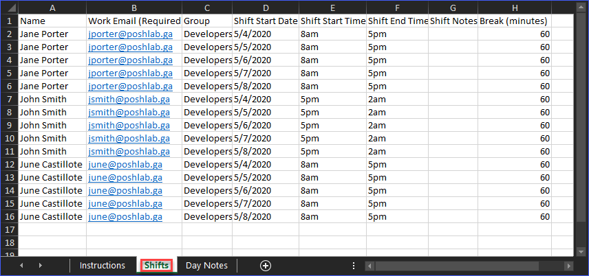 Schedule created using the template