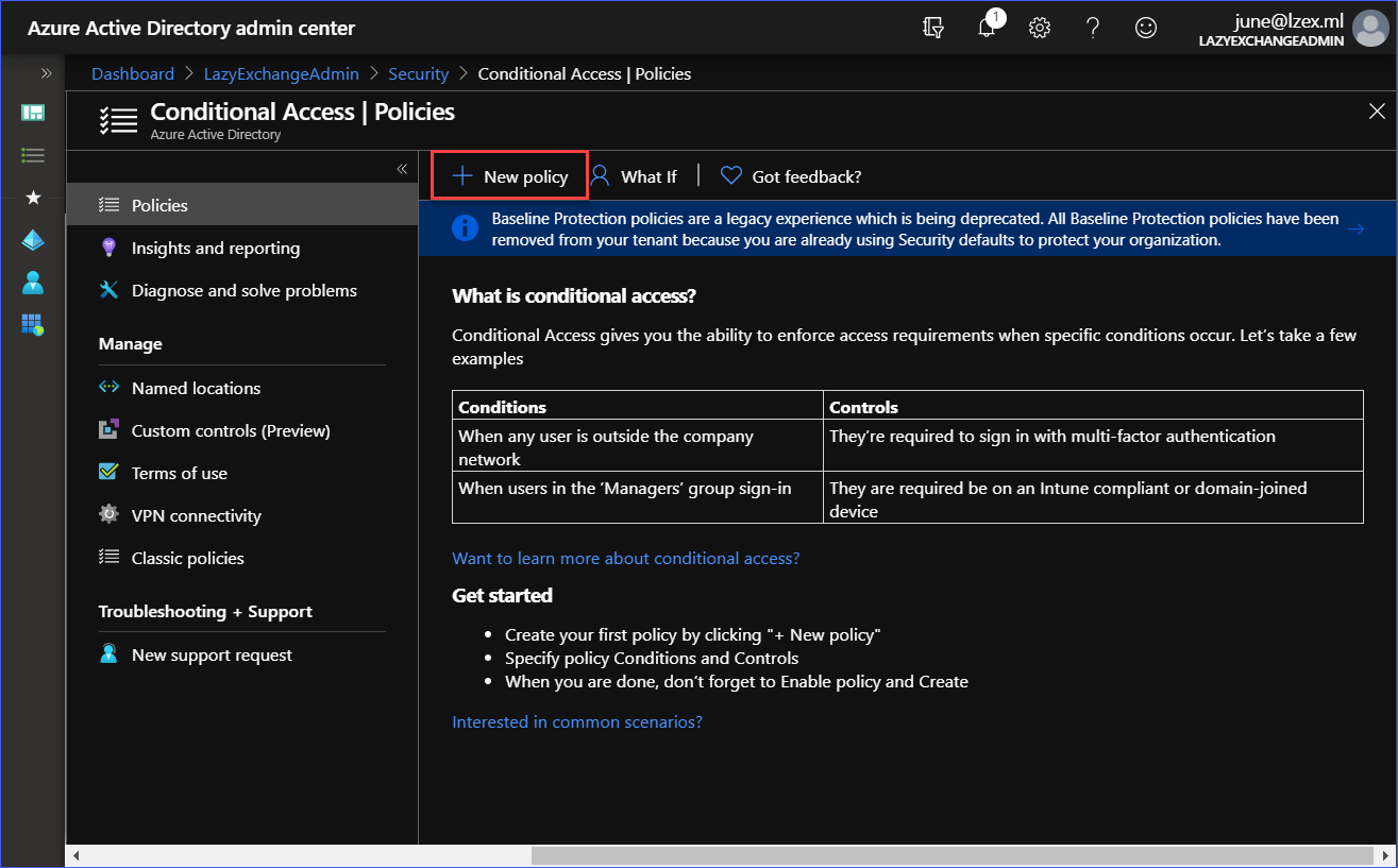 Conditional access policies page