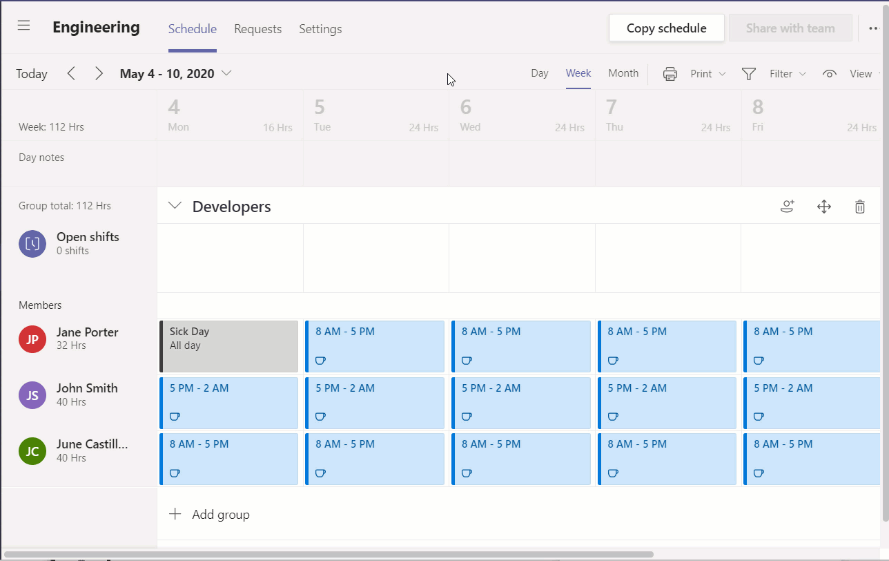 Changing between People and Shift view