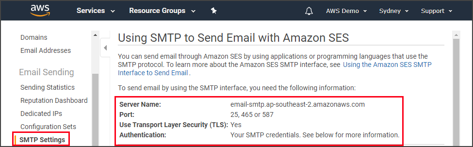 aws email server port