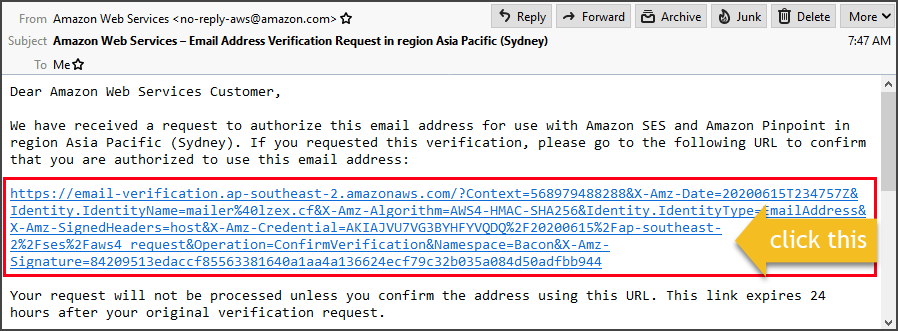 Email address verification address message