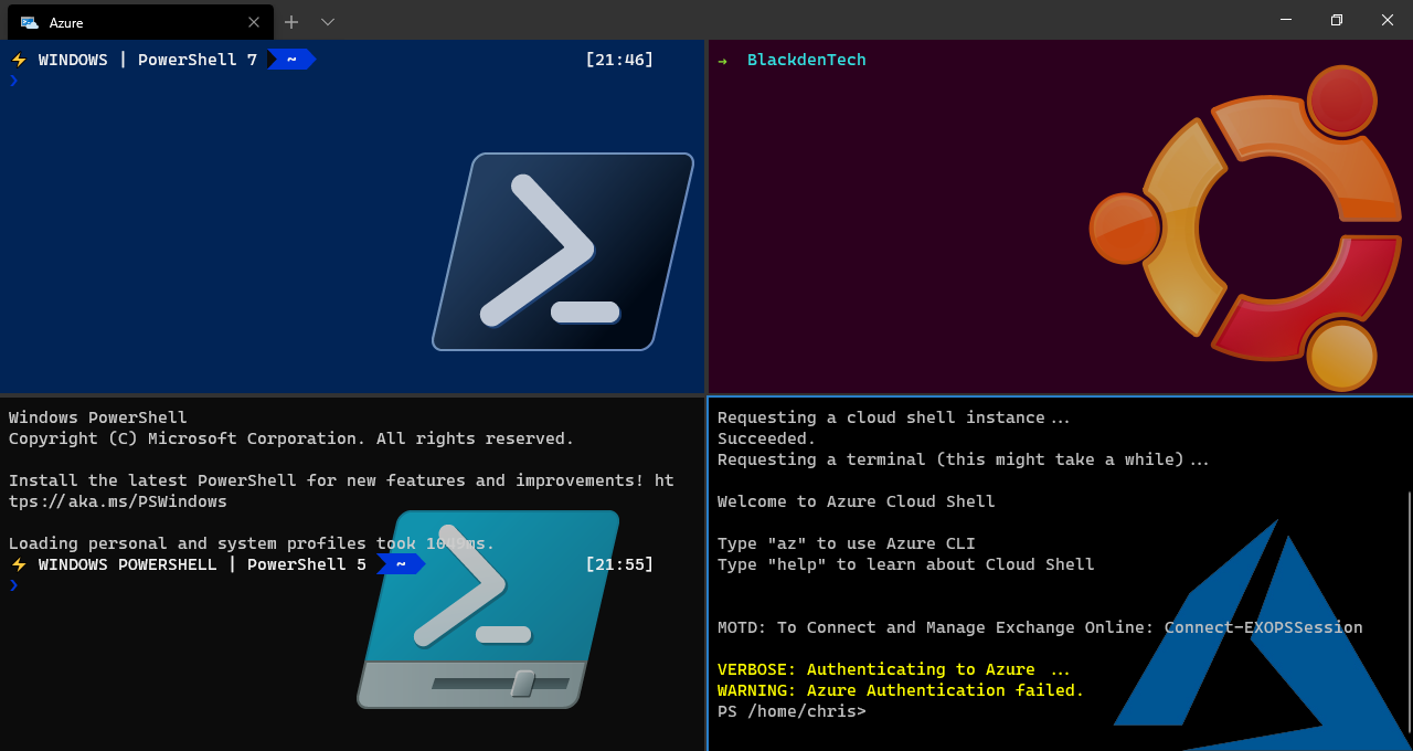 The Windows Terminal with 4 different profiles open in different panes. (PowerShell 7, Ubuntu 20.04, PowerShell 5.1 and Azure Cloud Shell)