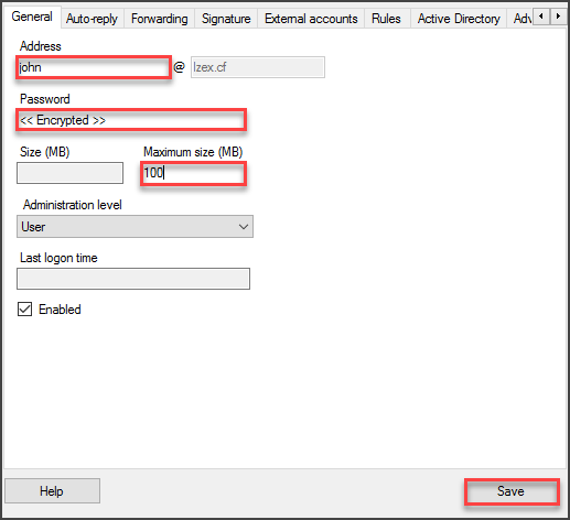 Inserting Address and Password to the hMailSever Window