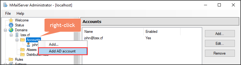 Adding AD Account to the Active Directory Box