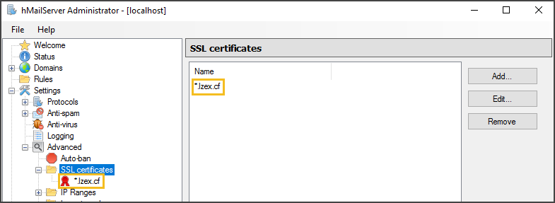 Successfully Added SSL Certificate to the hMailServer Admin Window