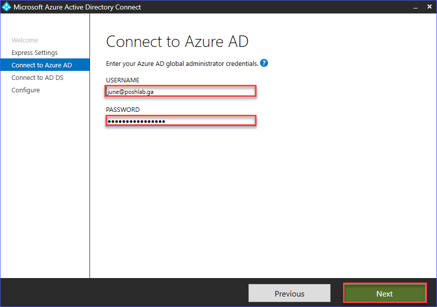 Provide the Azure AD Global administrator account