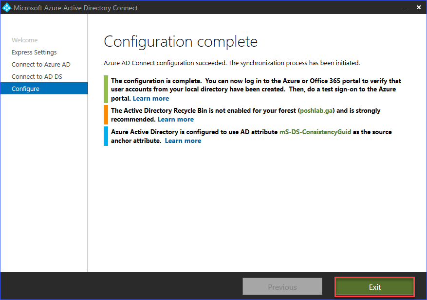 Azure AD Connect installation completed