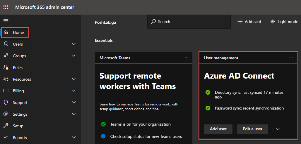 Azure AD Connect status in the Microsoft 365 Admin Center