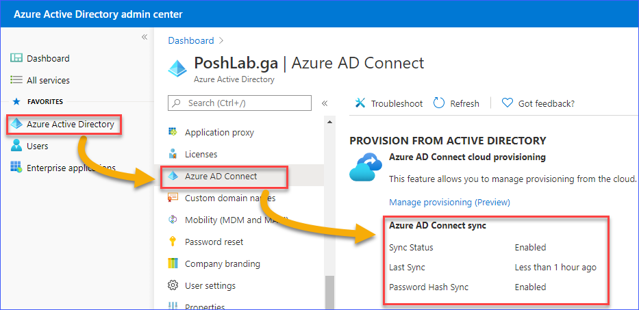 Azure AD Connect status in the Azure AD Admin Center