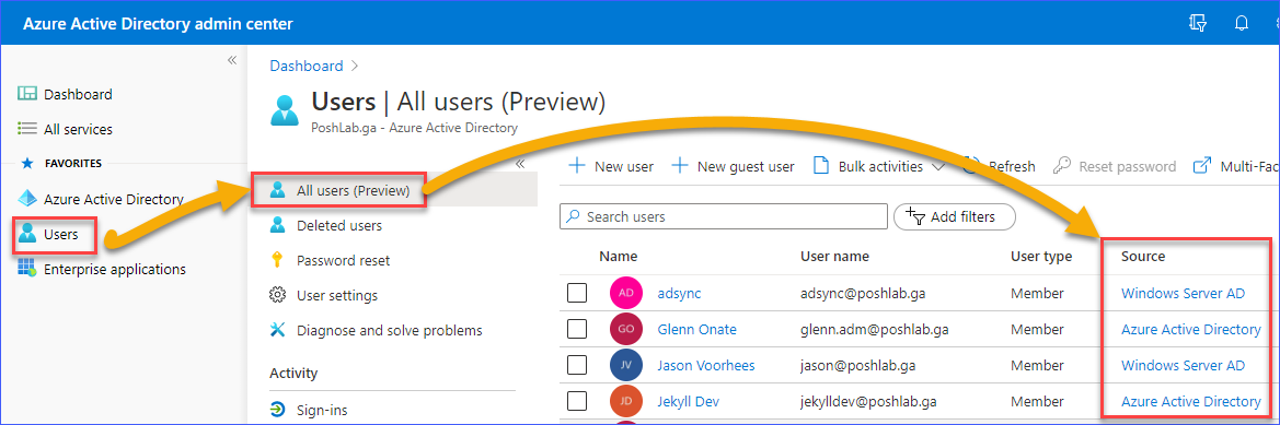 User account source in the Azure AD admin center
