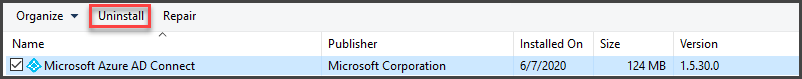 Uninstall Microsoft Azure AD Connect from Programs and Features