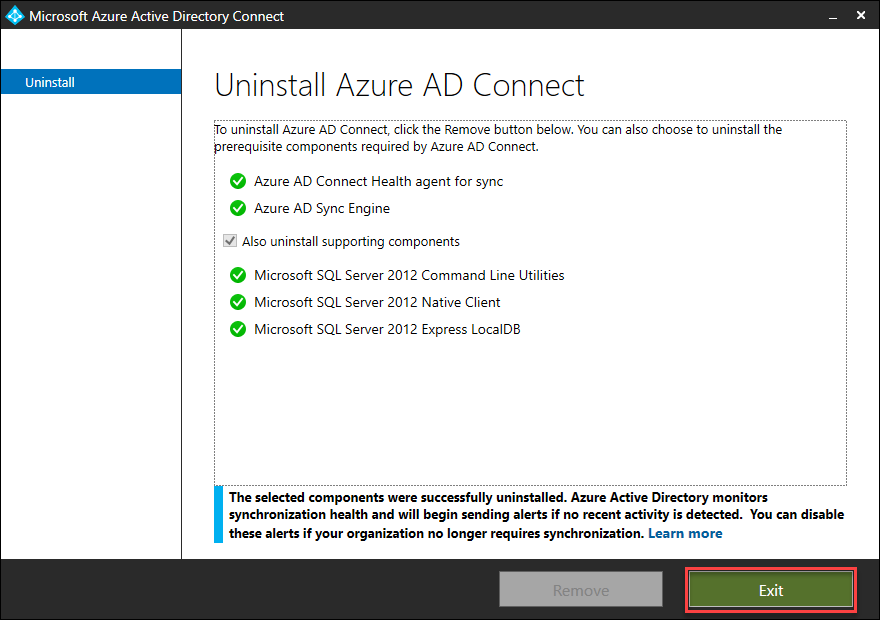 Azure AD Connect uninstalled successfully