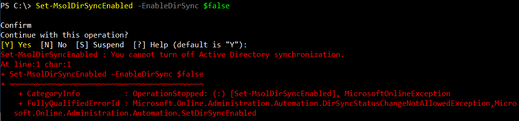 Error when disabling directory synchronization