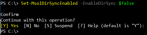 Command to disable dirsync successfully completed