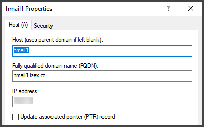 Sample DNS (A) record for the hMailServer