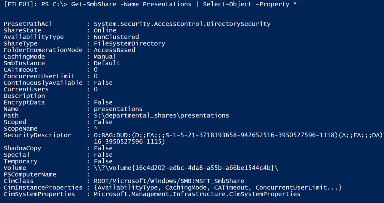 Get-SmbShare -Name Presentations | Select-Object -Property *