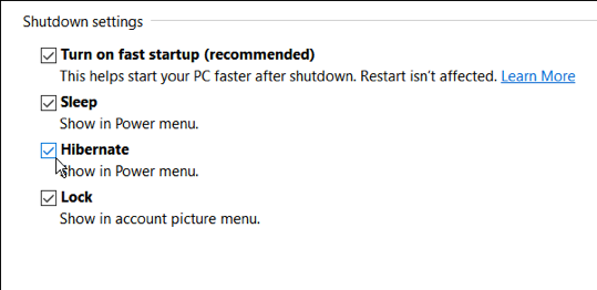 Enabling the Hibernate button
