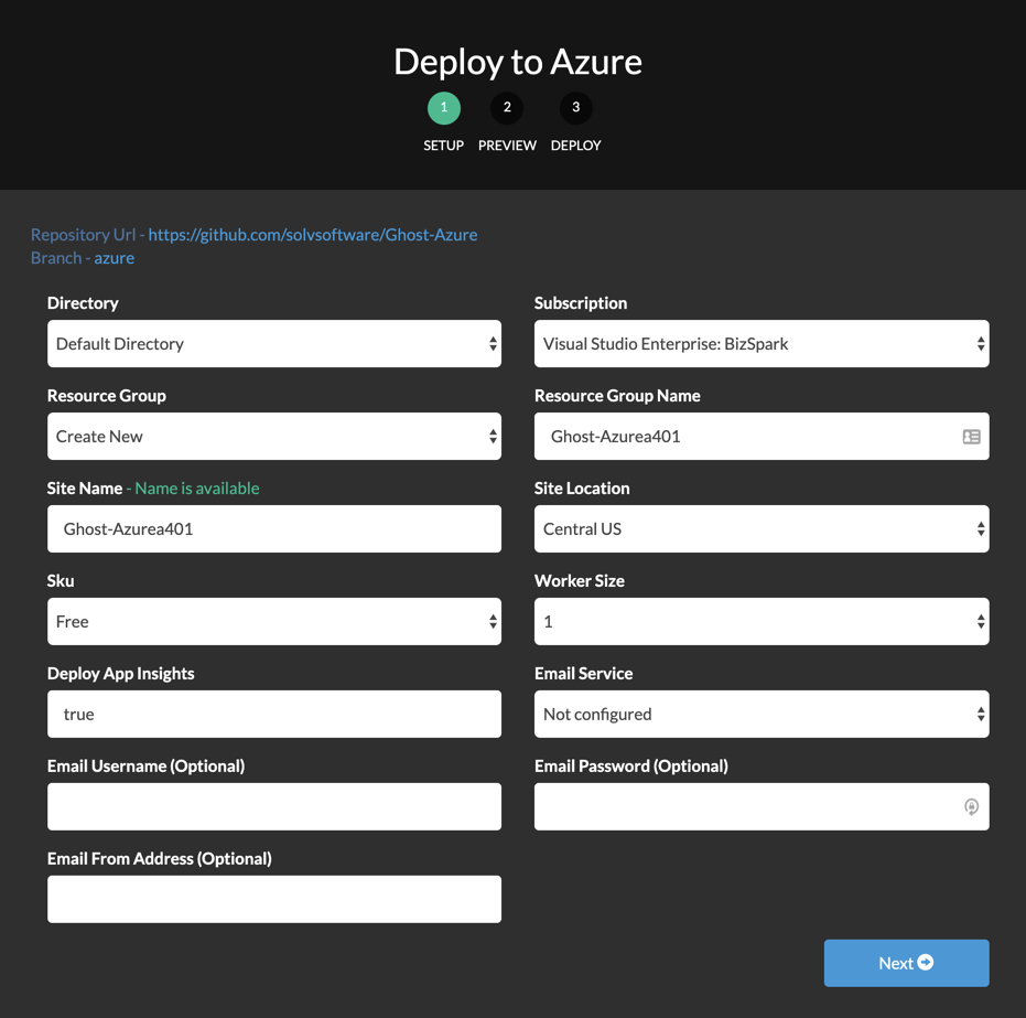 Setting Ghost Azure blog settings