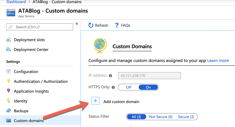 Adding a custom domain to Azure app service