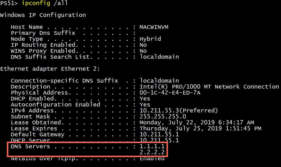 ipconfig /all output