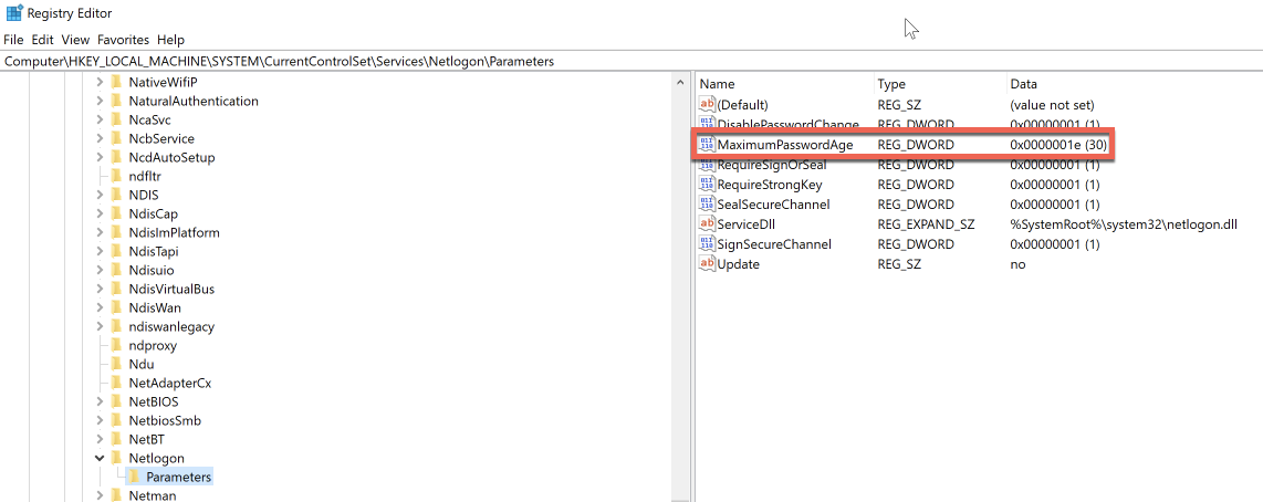 Local Computer Account Password Age Registry Value