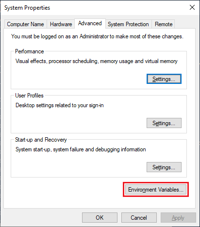 The System Properties dialog, Advanced tab