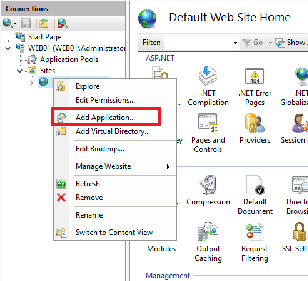 Adding an IIS application