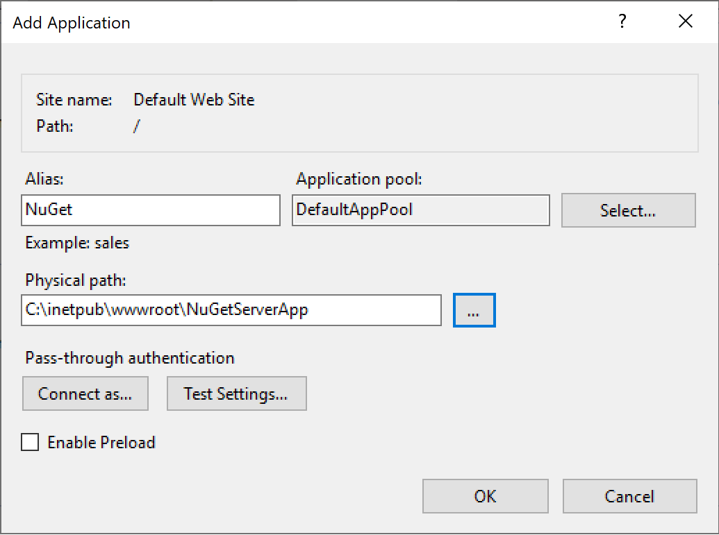 Adding an IIS application