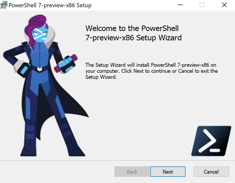 Schermo di benvenuto per l'installazione di PowerShell 7