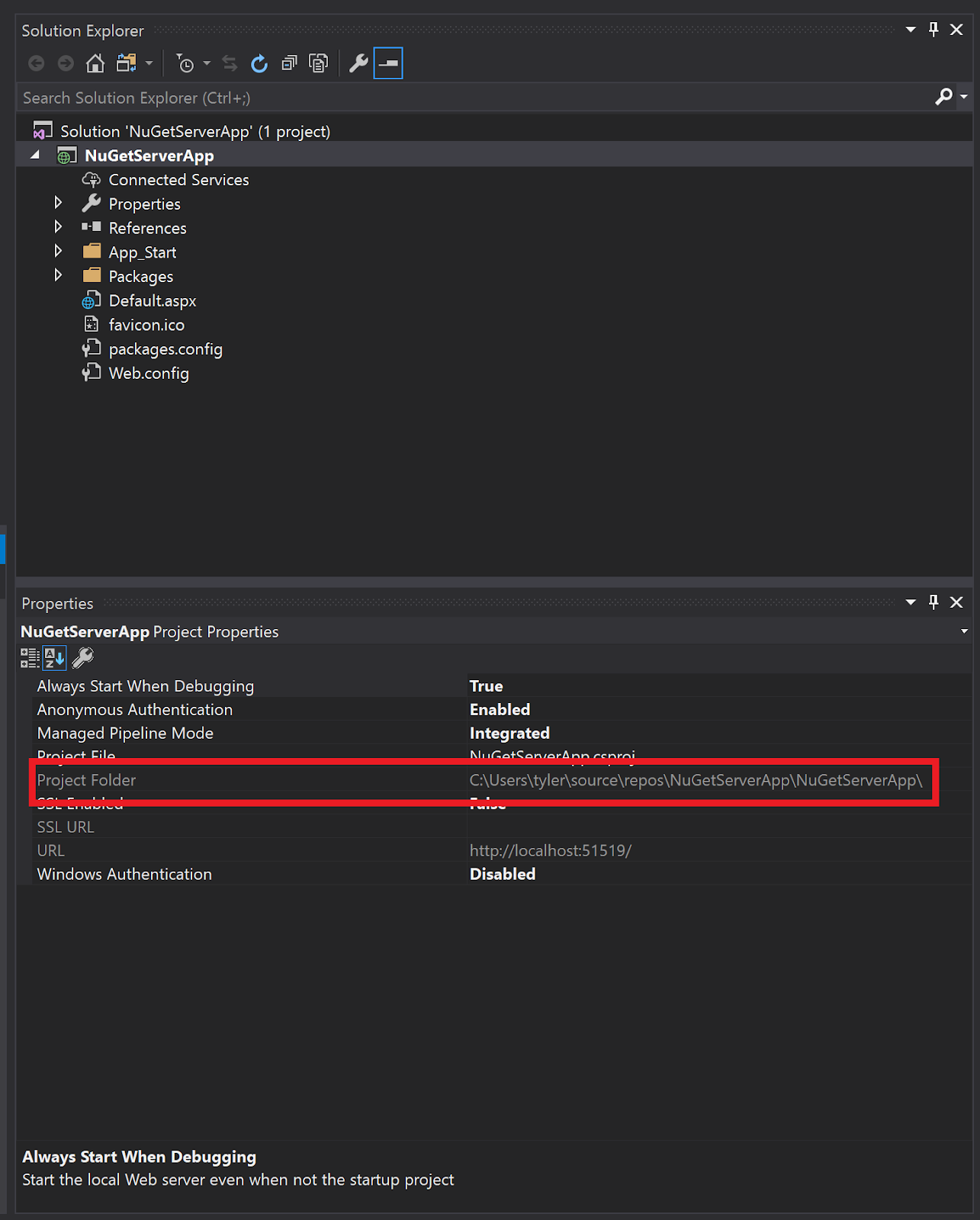 Visual Studio project folder location