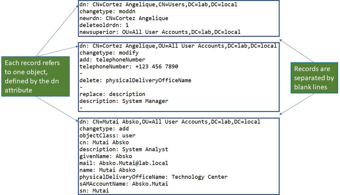 Sample LDIF file showing records and objects