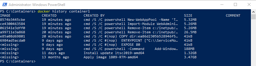 Inspecting container changes with docker history